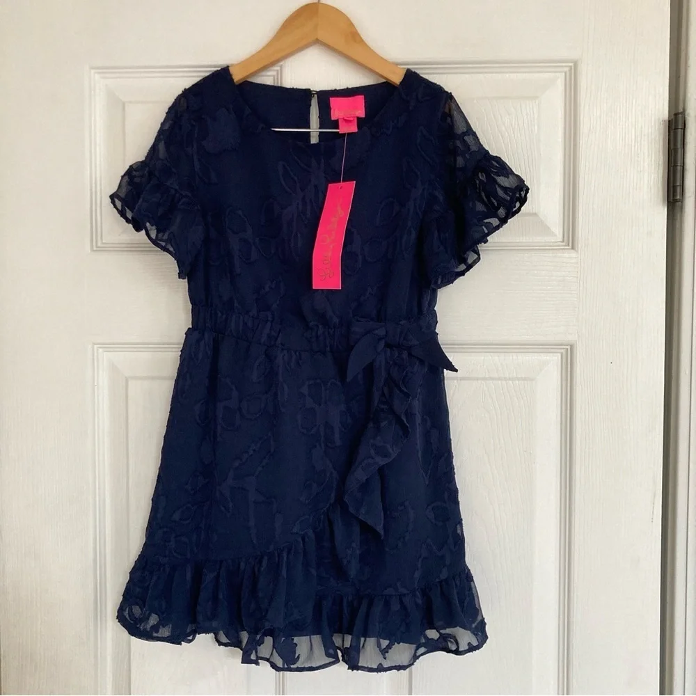 Lilly Pulitzer Mini Darlah Botanical Clip True Navy Chiffon Dress, Girl's Size 7